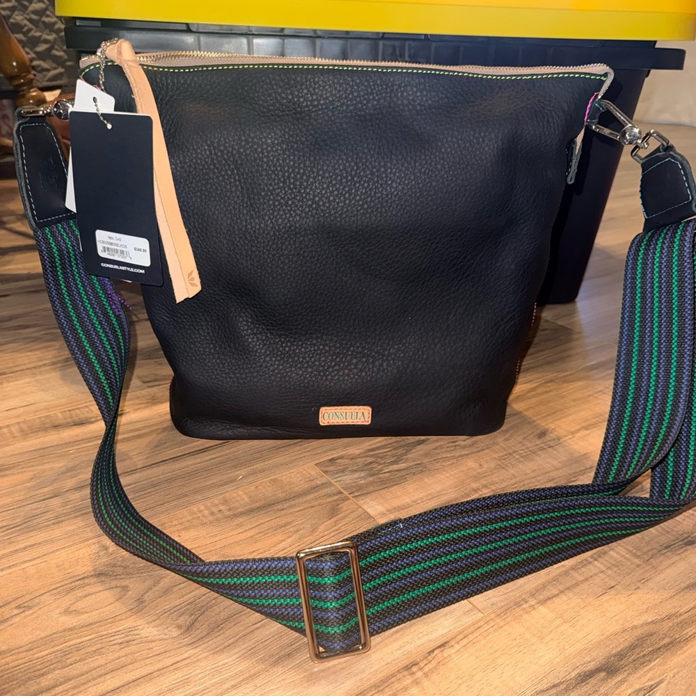 Consuela Cyndi Black Leather Hobo with Striped Green & Blue Strap